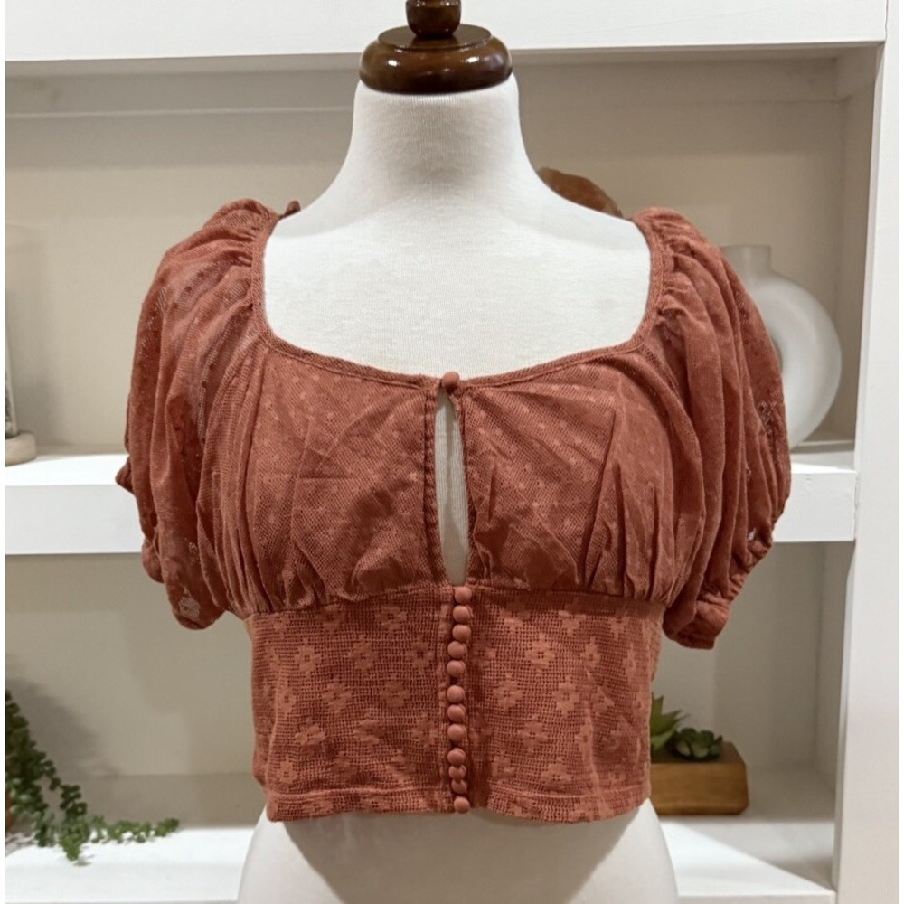 Free People Puff Sleeve Top Women's Small Orange Blouse Boho Style